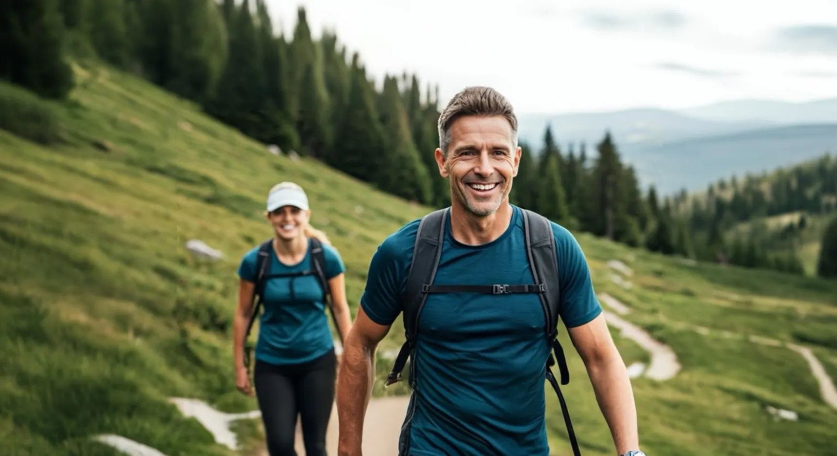 couple-50s-smiling-trekking-outdoors couple-50s-smiling-trekking-outdoors